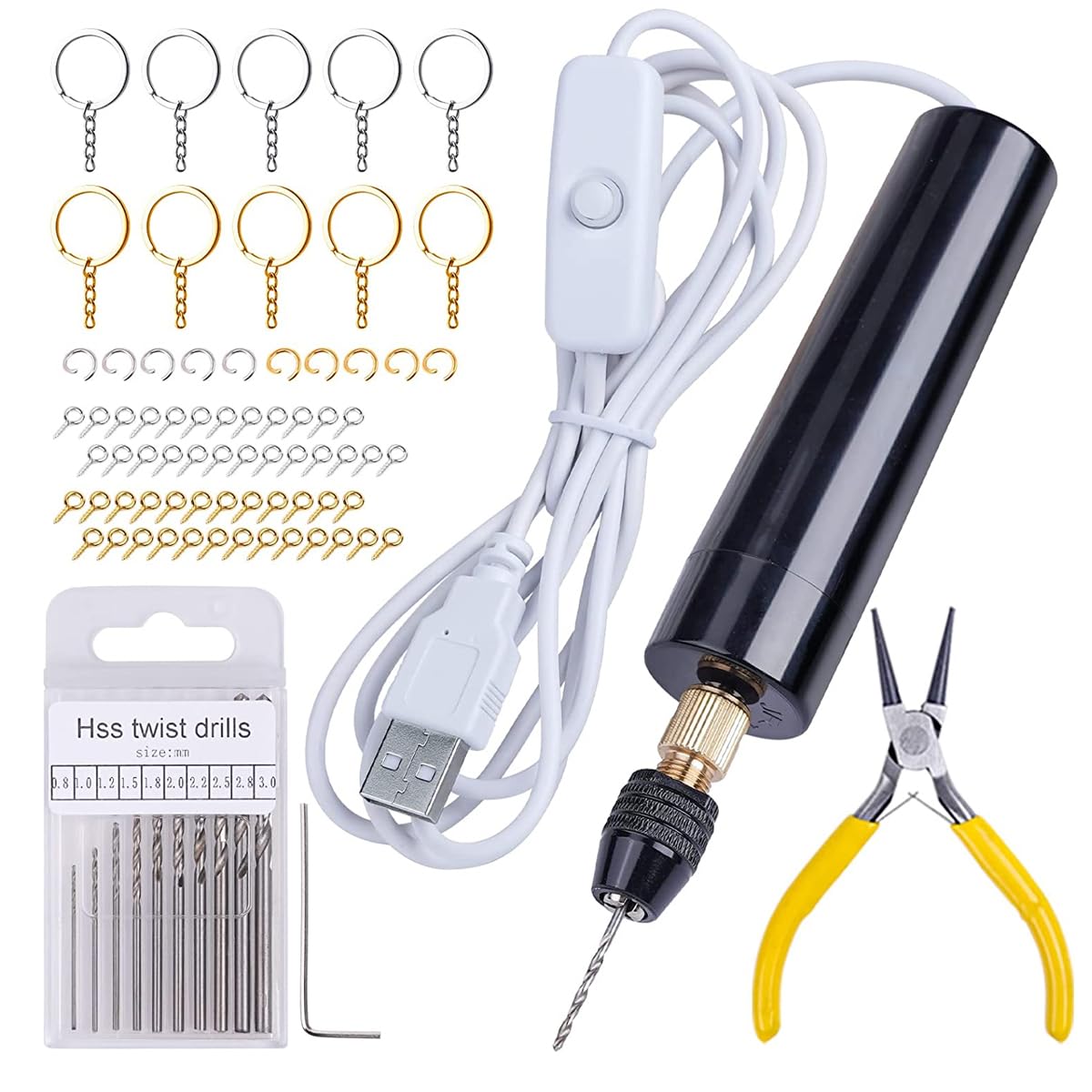 Serplex Mini Electric Drill Machine for Resin Craft, USB Electric Drill Kit with Wrench, Box of Drill Bit(0.8-3.0mm), 10pcs Keychain, 50pcs Screw Eyes, for Jewelry Making Tool, DIY Keychain Making Serplex Mini Electric Drill Machine for Resin Craft, USB Electric Drill Kit with Wrench, Box of Drill Bit(0.8-3.0mm), 10pcs Keychain, 50pcs Screw Eyes, for Jewelry Making Tool, DIY Keychain Making